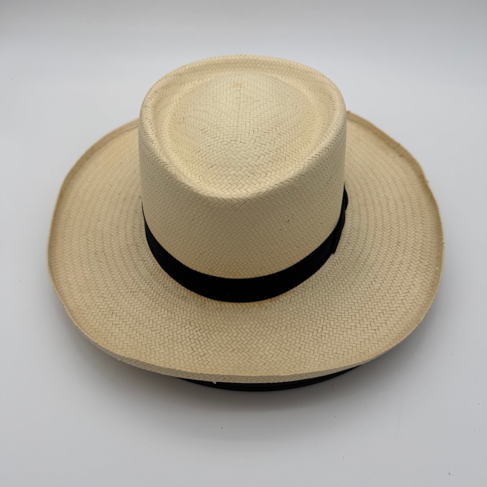 Stetson Genuine Panapore Straw Gambler Hat Cream Black Band USA Made 7 1/2-7 5/8